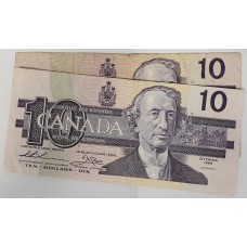 CANADA 1989 . TEN 10 DOLLAR BANKNOTES . THIESSEN / CROW . KEY SIGNATURE
